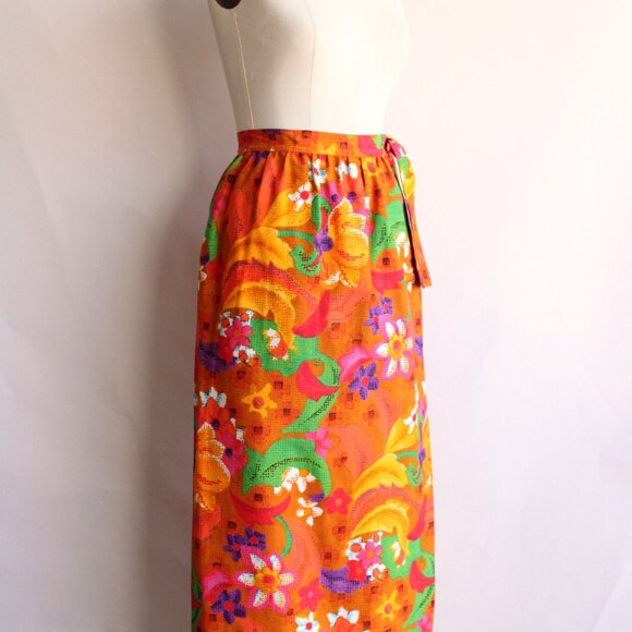 Vintage 1960s Skirt, Beverly Vogue Wrap Maxi Skirt, Tiki Flower Power - Picture 5 of 10